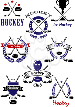 Ice hockey game and club emblems with hockey pucks, crossed sticks, trophy and goalie mask with stars, heraldic shield, wreaths and ribbon banners