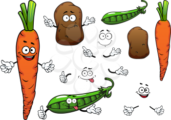 Happy orange carrot, brown potato and green pea pod vegetables cartoon characters isolated on white background for vegetarian food or agriculture theme