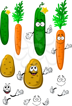 Cartoon sweet orange carrot, crispy green cucumber with flower and fresh brown potato vegetable characters for healthy vegetarian food or agriculture themes design