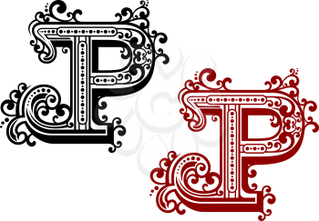 Capital letter P decorated by ornamental flourishes, wavy lines and various dots in retro style. For medieval font or monogram design
