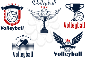 Volleyball game emblems with balls, wings, cups, crown and stars, net and whistle decorated by heraldic shield and ribbon banners