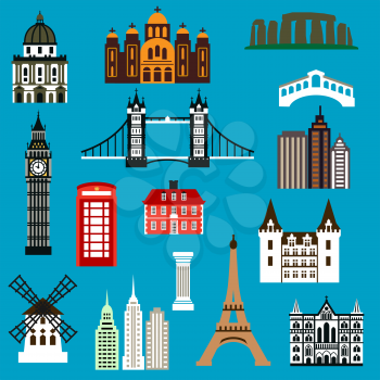 World travel landmark icons in flat style with architecture of France, United Kingdom, Greece, USA, Australia and Italy
