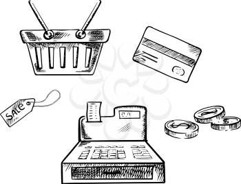 Shopping sketch icons with shopping basket, credit card, coins, sale tag and cashbox