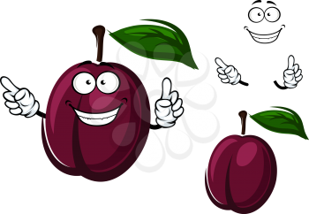 Juicy purple plum fruit cartoon character with green leaf for healthy fresh food or agriculture themes