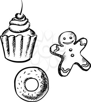 Cupcake with whipped cream and cherry fruit, gingerbread man with icing decoration and donut with sprinkles, sketch style