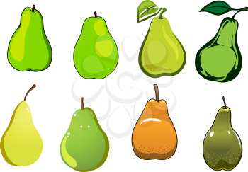 Juicy sweet yellow, green and orange pear fruits with fresh leaves isolated on white background, 