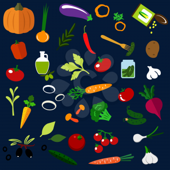 Healthy vegetables flat icons with fresh tomatoes, carrots, cucumbers, potato, peppers onions, mushrooms pumpkin, olive oil with fruits, garlics pickles sweet corn eggplant and beet