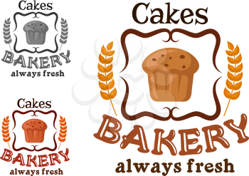 Bakery or pastry shop sign with cupcake, raisins, ornamental swirls and wheat with text Always Fresh Cakes