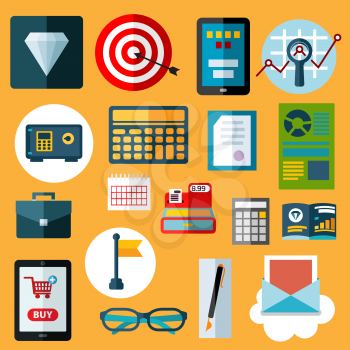 Financial and commerce flat icons with diamond, safe, calculators, target with arrow, tablet pc with on-line shop, e-mail, calendar, financial reports, cash register, flag, glasses, briefcase, pen