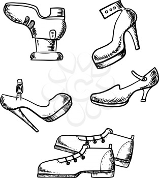 Shoes sketch icons with elegant boots with lacing and high heeled female shoes isolated on white background 