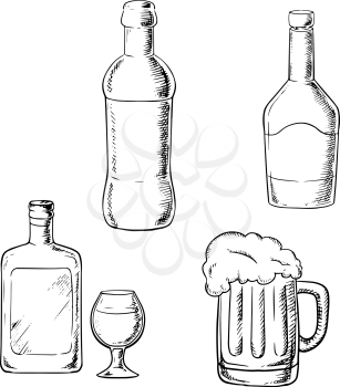 Alcoholic beverages  with bottle of wine, liquor, whiskey, glass and tankard of beer isolated on white background. Sketch image