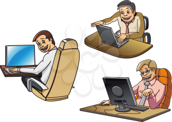 Cheerful smiling cartoon businessmen working on laptop and desktop computers. Isolated on white background, for business or technology concept