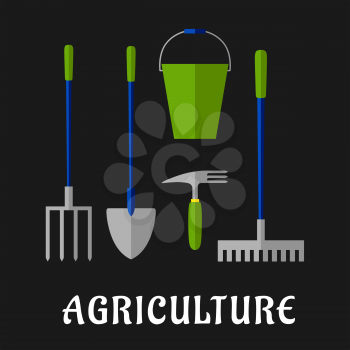 Agricultural and gardening tools icons with shovel, rake, pitchfork, bucket and hand fork, for agriculture or farming themes design, flat style