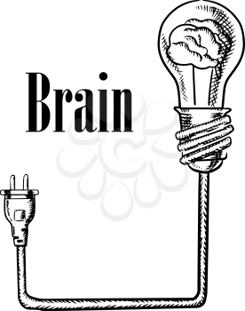 Light bulb with human brain inside, connected to electrical plug, for idea generation, brainstorm or inspiration concept. Sketch style image