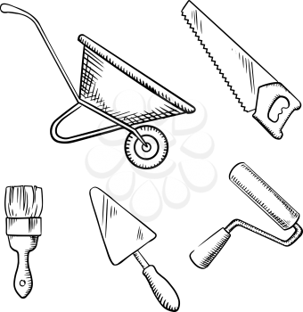 Hand saw, trowel, wheelbarrow, paint brush and roller sketch icons, for building or DIY theme