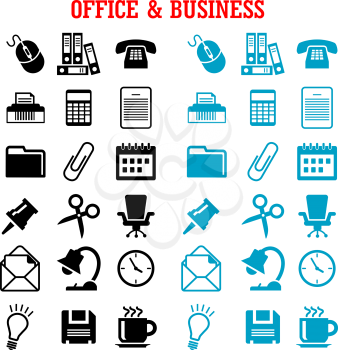 Business and office flat icons with blue and black light bulb, phone, calendar calculator mouse mail folders documents clock coffee chair, shredder, scissors, lamp, pin, clip
