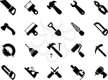 Hand and power tools black icons set with hammers, saws, axe, shovel, screwdrivers wrench pliers drills paintbrush and roller, spatula rasp bench vice pickaxe and jack plane
