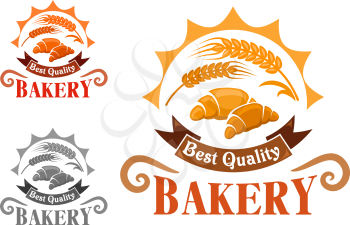 Bakery shop emblem with french croissants and golden wheat ears in rays of sun, adorned by ribbon banner with text Best Quality. Yellow, orange and gray color variations