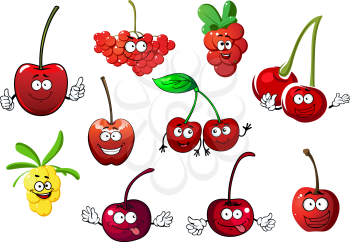 Funny juicy cartoon sweet cherry, rowanberry, cowberry and sea buckthorn fruit characters with green leaves and stems, isolated on white background