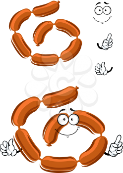Appetizing brown pork sausages cartoon character isolated on white, for butcher shop or grill menu theme