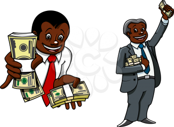 Happy smiling african american businessmen cartoon characters with dollar packs in hands. For financial or success concept themes