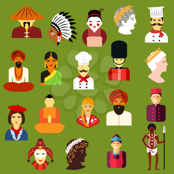 Multiethnic people icons with men and women of different  chinese, japanese, indian, native american, german, italian, french, russian, british, australian, greek peoples. Flat style icons and avatars