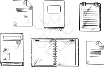 Book, open spiral notebook and notepad, paper documents and diary with ribbon bookmark. Isolated sketch icons for school or office supplies theme