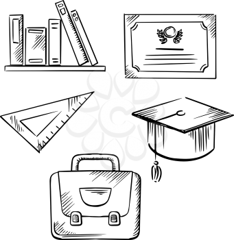 Graduation diploma and cap, school bag, triangle ruler and books sketch icons for graduation or education themes design 
