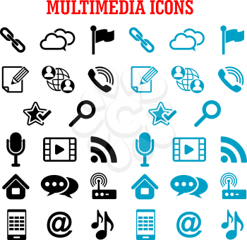 Multimedia and communication flat icons with smartphone, microphone music video player email link search chat call cloud storage favorite star flag pin home notebook  feed wi-fi router