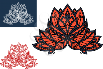 Bright red indian paisley flower with pointed petals, decorated by gray oriental ornament, for interior accessories or textile design