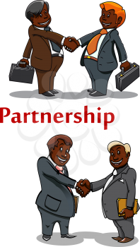 Business handshakes of happy smiling cartoon african american businessmen in gray suits with briefcases and document folders, for meeting or partnership concept design 
