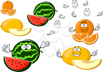 Yellow melon, orange and green striped watermelon fruit cartoon characters with sweet juicy slices and happy smiles, for agriculture or dessert food design