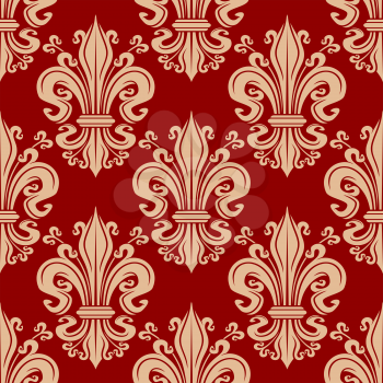 Vintage seamless beige fleur-de-lis floral pattern on red background, for heraldry or wallpaper interior design 