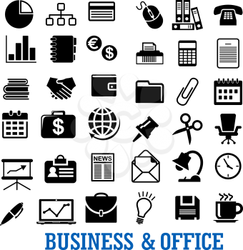 Business, finance and office flat icons with laptop, telephone, finance chart idea calendar currency handshake briefcase, chair, documents, mail, wallet, globe and stationery 