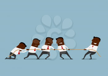 Business competition and human resources concept. Cartoon smiling businessman is easily winning a tug of war battle with a group of businessmen 