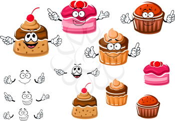 Delicious cartoon chocolate cupcakes with raisins and cream, fruit dessert with berry sauce and caramel pudding with cherry on the top. Use as bakery, pastry, confectionery shops emblems or dessert me