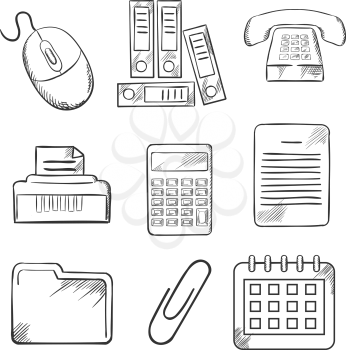 Sketched office and business icons with files, calculator, printer, paper clip, documents, calendar, computer mouse and telephone. Sketch style