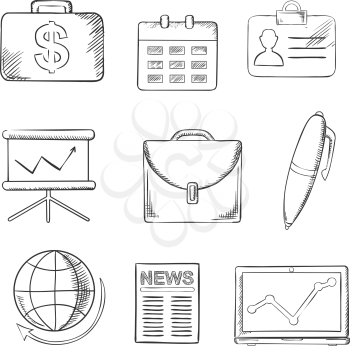 Business and office sketched icons with money, calendar, briefcase, reports, computer, pen, globe, financial news and analytical graphs. Sketch style objects