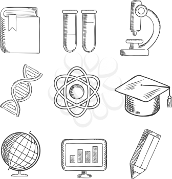 Education and science sketch icons with globe, dna, atom, book, flasks and tubes, microscope, pencil, computer and academic cap