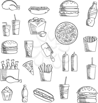 Takeaway and fast food sketched icons with french fries, pizza, hamburger, chicken, cheeseburger, cake, soda drink, hot dog, ice cream, condiments and beverages. Sketch style