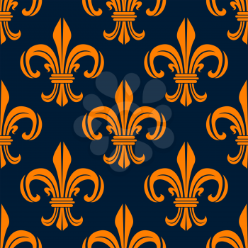 Medieval fiery orange royal lilies seamless pattern with victorian fleur-de-lis floral scrolls on blue background. For interior accessories or textile design usage