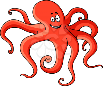 Red cartoon octopus with long tentacles hunting on the bottom of the ocean. Childish book, underwater wildlife mascot design
