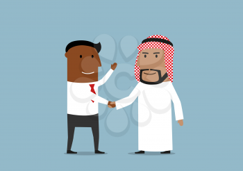 International business partnership, meeting, contract signing cartoon concept design. Successful smiling african american businessman is shaking hands with his arab business partner 