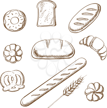 Bakery and pastry icons in sketch style with round loaf of rye bread encircled by long loaf, toasts, french baguette, salty pretzel and sweet cookie, donut, croissant and bun