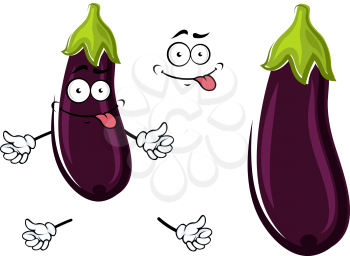 Happy funky ripe purple cartoon eggplant or aubergine sticking out its tongue with a second plain variant with no face or arms. Vector illustration isolated on white