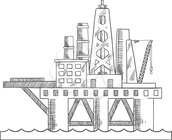 Rising above the sea oil platform. Platform drilling offshore oil. Sketch style vector