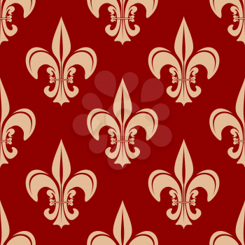 Seamless fleur-de-lis floral pattern with victorian royal beige lilies on red background. May be used as wallpaper,  interior or textile design