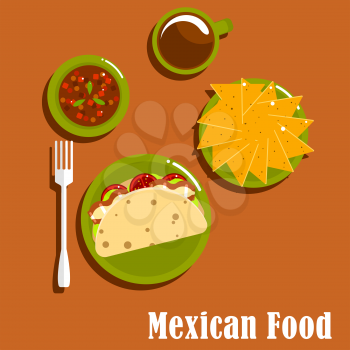 Mexican cuisine lunch flat icons of traditional tacos with fried pork, tomato and lettuce on corn tortillas, nachos, spicy salsa sauce and cup of coffee