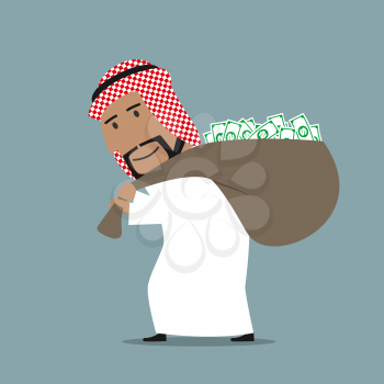 Successful smiling cartoon arabian businessman carrying heavy and full of dollars bag. Wealth, success or abundance theme design