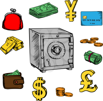 Finance, business and banking sketch icons with dollar bills and coins, bank credit card, stack of gold bars, yen, dollar and pound currency golden symbols, wallet, purse and safe. Sketch style vector